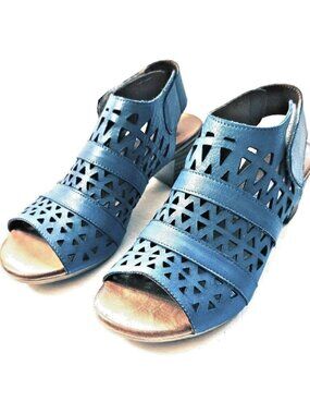 Spring Step Dorotha Blue Leather Cutout Slingback Wedge Sandals 7.5 / 38 EUC!